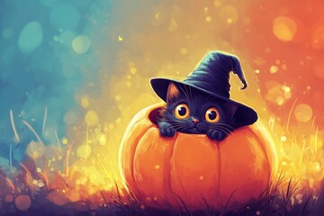 A charming black kitten, wearing a witch's hat, peeks out from a vibrant orange pumpkin, set against a backdrop of warm autumnal hues.