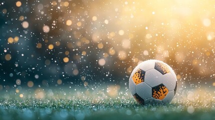 Fototapeta premium Soccer ball in rain outdoor field sports photography nature scene close-up view dynamic atmosphere