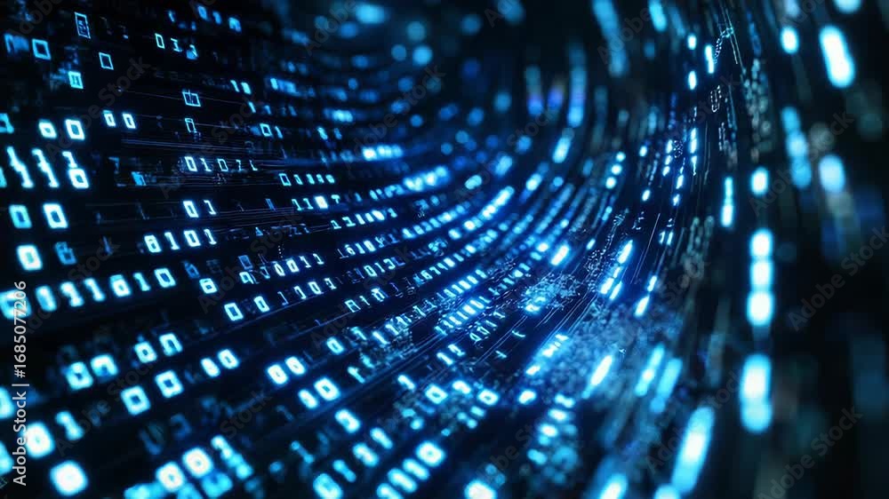 Poster binary code stream flowing in cyberspace tunnel