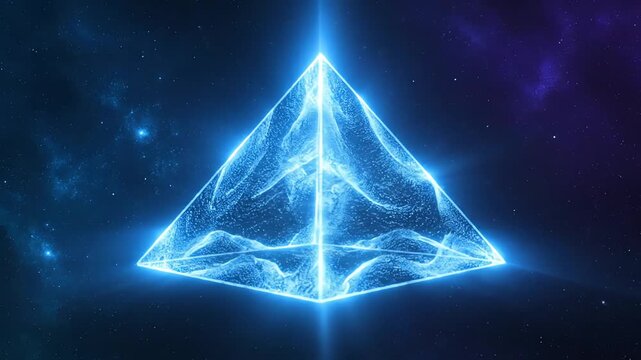 A luminous, ethereal blue pyramid structure pulsates with energy against a backdrop of stars and nebulae