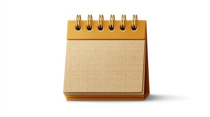 A small, tan desk calendar with a spiral binding stands upright against a white background, casting a subtle shadow.  The pages are blank, suggesting unused space for notes or dates