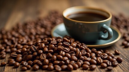 Fototapeta premium A cup of black brewed coffee surrounded by roasted beans on a wooden surface in a close up shot