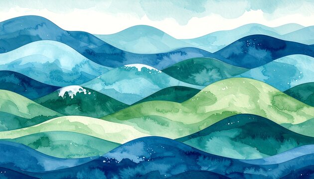 Serene watercolor landscape of rolling hills