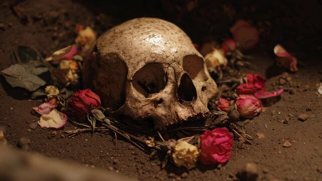 Scary angel of death haunted graveyard concept. A skull surrounded by wilted roses resting on dark soil.