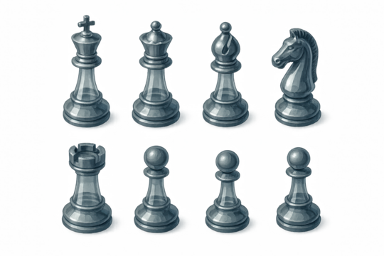 Realistic chess pieces set with detailed shadows and highlights