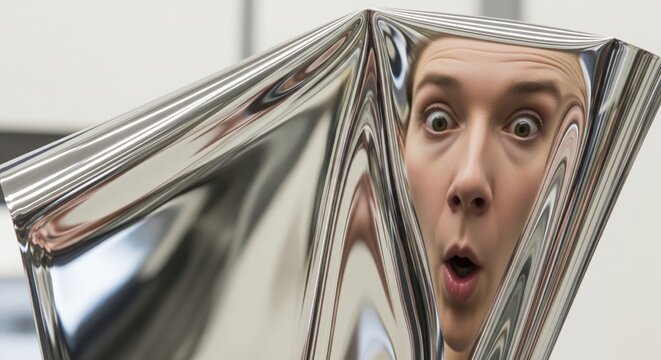 Woman with a shocked expression looking at her distorted reflection in a funhouse mirror