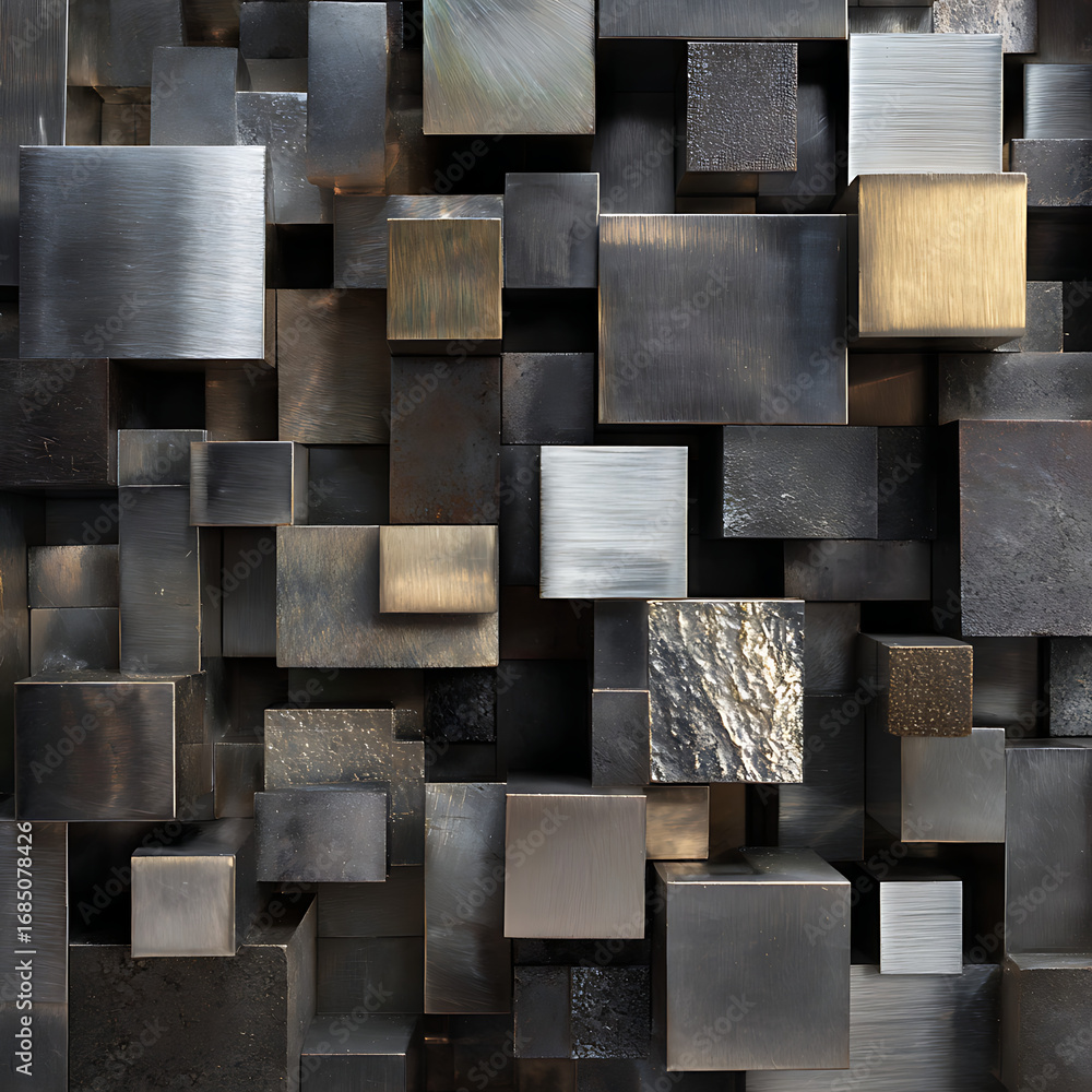 Poster an abstract wall composed of varying metallic rectangular blocks and squares, creating a complex, mo