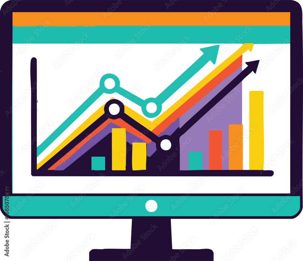 Poster stylized illustration of a computer screen displaying bar and line graphs showing growth. business c