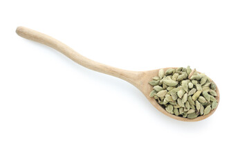Wooden spoon with cardamom spice on white background