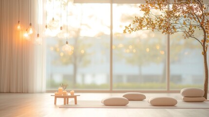 Relaxing meditation space with tree and soft lighting modern interior tranquil environment wide view serenity concept for mindfulness