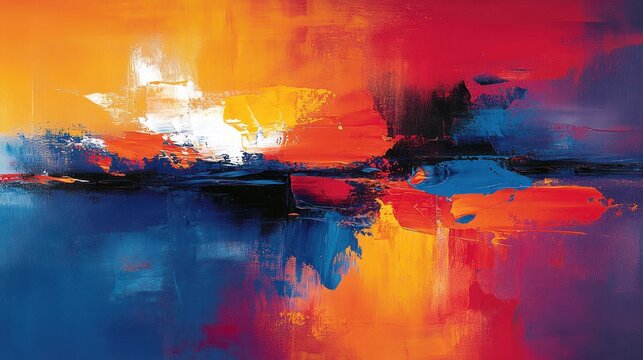 Abstract landscape painting, vibrant colors, expressive brushstrokes, possible use as art print
