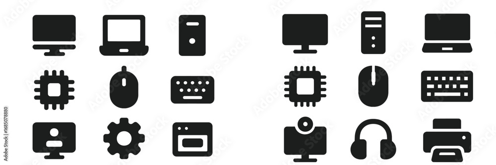 Poster black and white icons of various computer hardware and peripherals arranged in a grid format