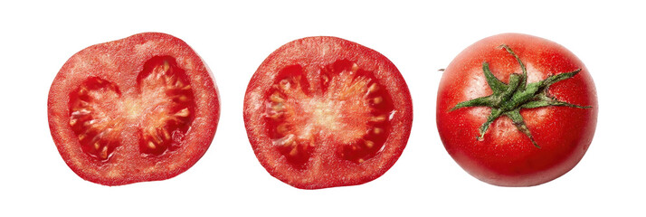 Three sliced tomatoes, whole and half, vibrant red