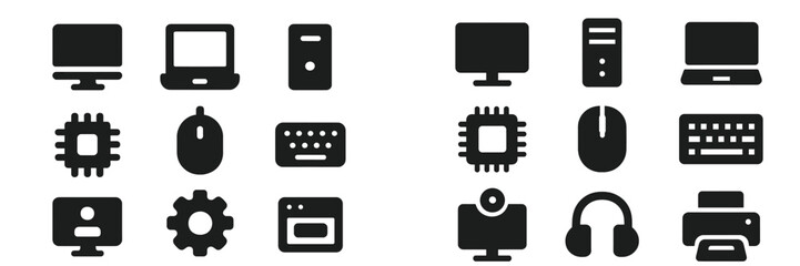 Black and white icons of various computer hardware and peripherals arranged in a grid format