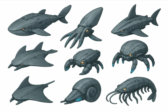 Futuristic robotic sea creatures set in detailed sci-fi design