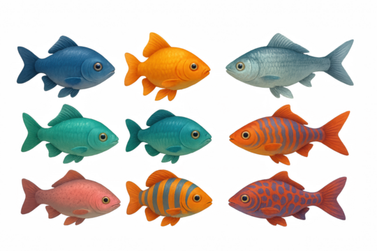 Colorful fish collection with patterns on dark abstract background