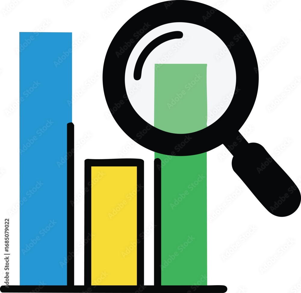 Poster vector illustration of a magnifying glass analyzing a bar graph, representing data analysis and busi