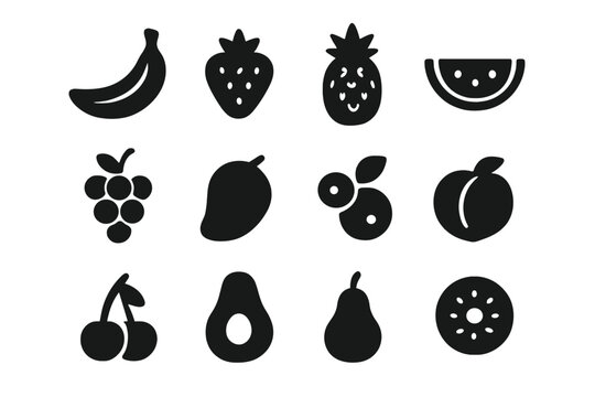 Collection of various fruit icons including bananas, strawberries, and avocados in a black silhouette style