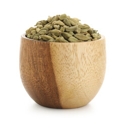 Wooden bowl with cardamom spice on white background