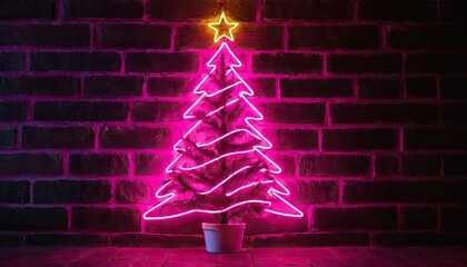 Neon pink Christmas tree on dark brick wall. 8