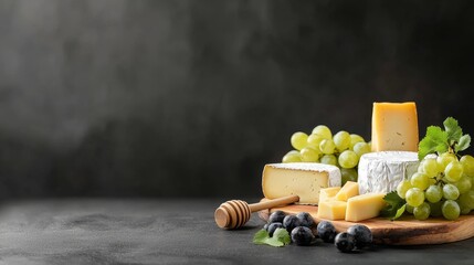 Cheese and honey platter presentation gourmet kitchen food photography dark background close-up view culinary delight