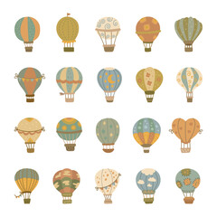 Hot air balloon travel cartoon set in scandinavian style