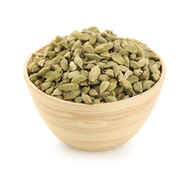 Wooden bowl with cardamom spice on white background