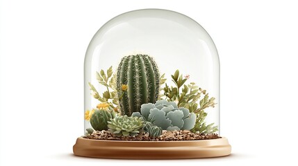A glass dome terrarium encloses a miniature desert landscape featuring a central cactus, succulents, small flowering plants, and pebbles, all resting on a light wood base against a white backdrop