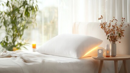 Calm morning routine in a cozy bedroom home lifestyle scene minimalist environment peaceful view serenity concept