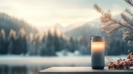 Enjoying a warm beverage by the tranquil lake serene mountains in background photography in nature peaceful atmosphere