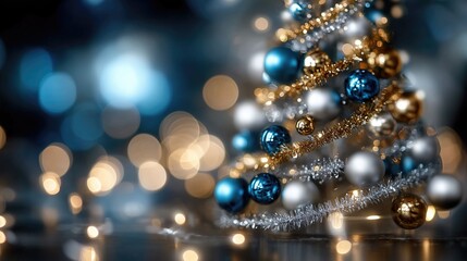 Abstract Christmas tree with blue and golden ornaments and festive lights