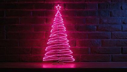 Neon pink Christmas tree on dark brick wall. 6