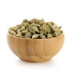 Wooden bowl with cardamom spice on white background