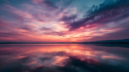 Fototapeta premium Vibrant sunset sky casting colorful reflections on the calm serene water creating a breathtaking and peaceful natural landscape scene at twilight
