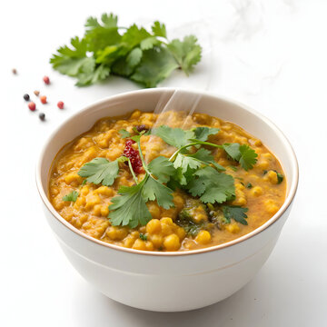 A bowl of yellow dal fry, richly spiced and topped with fresh coriander a comforting,