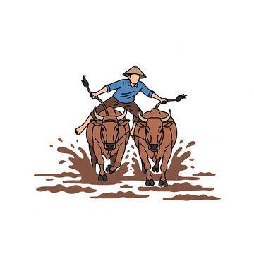  Flat icon illustration of Pacu jawi cow racing, traditional Minangkabau farmer riding two cows in muddy field