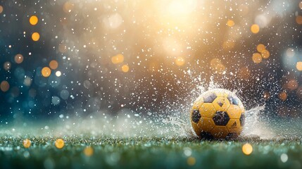 Exciting soccer action sports field dynamic scene rainy environment close-up view energy and motion