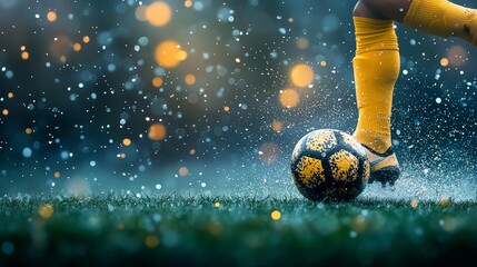 Exciting soccer action in rainy conditions outdoor field sports photography dynamic atmosphere close-up perspective