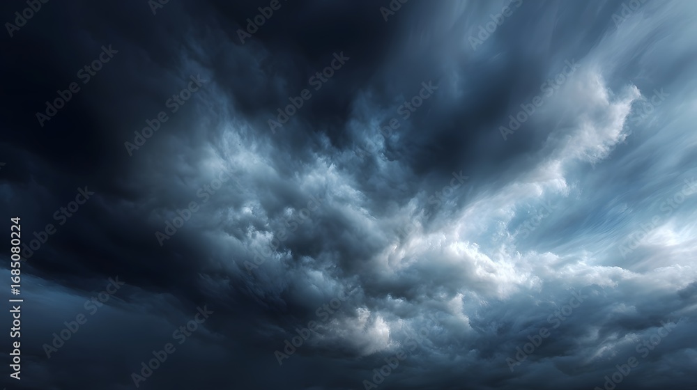 Poster a dramatic and moody sky filled with heavy fast moving storm clouds showcasing dynamic weather patte