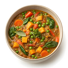 A rich, creamy lentil stew blended with colorful mixed vegetables, offering a hearty, nourishing