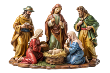 Traditional nativity scene figurine set with baby jesus mary joseph and wise men isolated transparent background