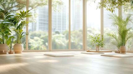 Tranquil yoga space urban setting interior design bright atmosphere serene view mindfulness concept for relaxation