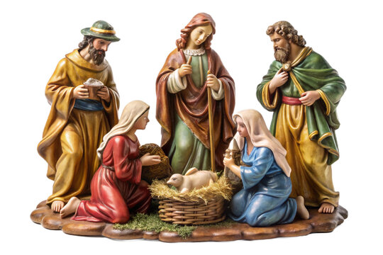 Traditional nativity scene figurine set with baby jesus mary joseph and wise men isolated transparent background