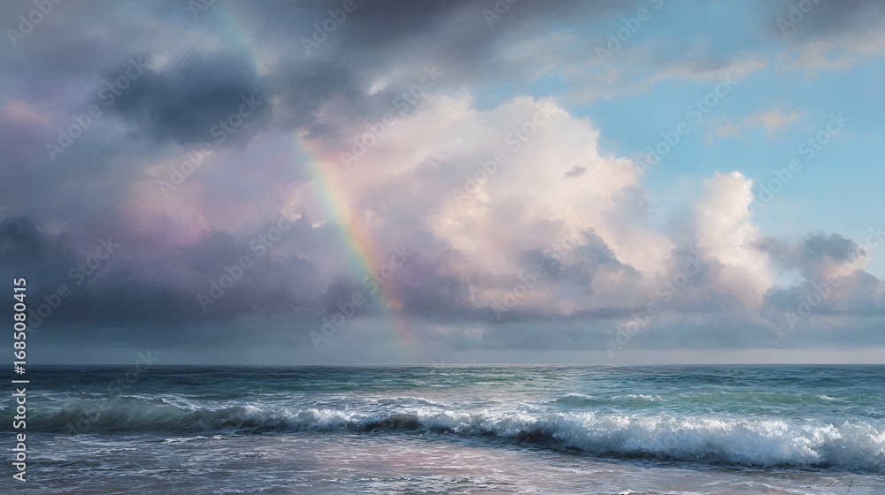 Poster a vibrant rainbow arcs over the tranquil ocean with gentle waves breaking under a dynamic sky filled