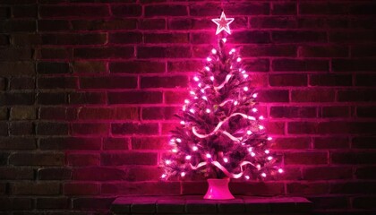 Neon pink Christmas tree on dark brick wall. 1
