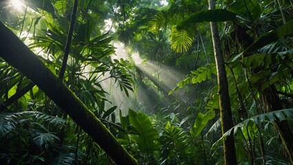 Lush Green Rainforest Canopy with Sunlight Bursting Through Foliage