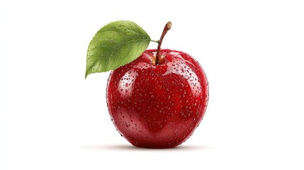 A vibrant, red apple with water droplets, a single green leaf attached to its stem, sits against a stark white background, casting a subtle shadow