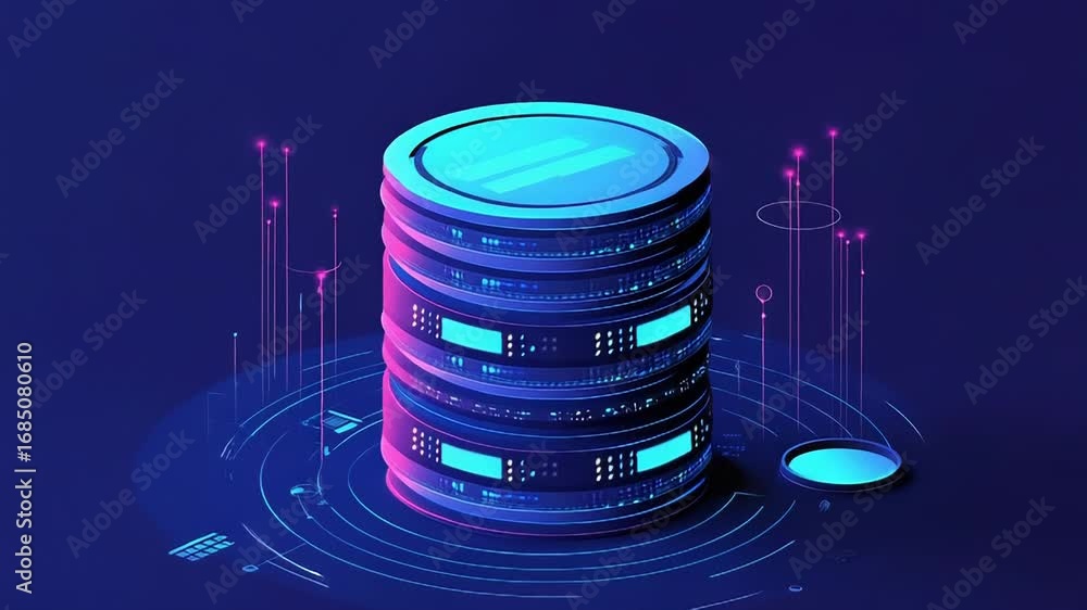 Poster futuristic server storing data in digital cyberspace with glowing lights