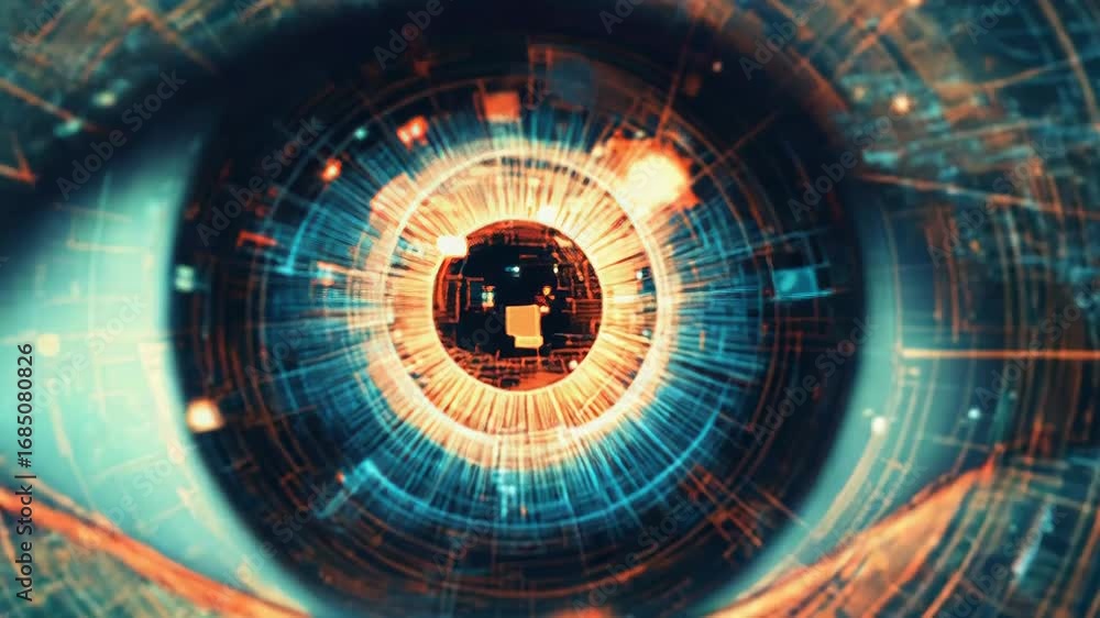 Poster digital eye watching futuristic data stream in cyberspace