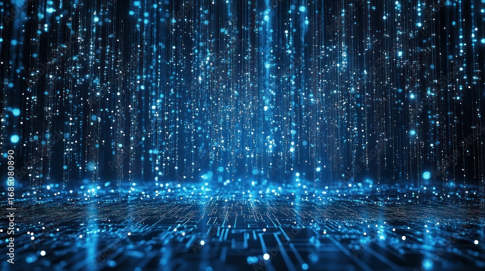 Poster digital rain falling on circuit board, futuristic background. possible use technology background